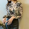Printed See Though Mesh Fashion Women Blouses Round Neck Flocked Sexy Slim Bottoming Shirt for Pullover 10769 210508
