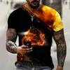 남자 T 셔츠 남성 티셔츠 황금 불꽃 오토바이 3D 기관차 인쇄 티셔츠 캐주얼 패션 스트리트 성격 대형 짧은