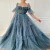 Elegant Blue A Line Prom Dresses Long Sweetheart Spaghetti Braps Tule Ruffles Tiered Formal Dress Evening Feestjurk Custom Mad4667416