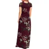 GULE Robe d'été à manches courtes plissée taille empire col rond floral maxi longues poches 210630