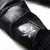 New Style Wash Ripped Jeans Men's Skull-Print Slim Stretch Black Patch Jeans Casual Fashion Personality Trousers X0621