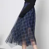 Mode elegant temperament blå mesh plaid kjol hög midja a-line kvinnor kjolar fräsch all-match office lady jupe 210525