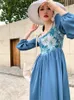 Monet Oil Painting Off The Shoulder Long Sleeve Dress Wome Blue Floral Print Backless Tunic Ladies Korean Fashion 210427