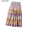 BOHO Location Floral print Long Skirt Holiday Women Elastic High Waist Spliced Ruched pleated Hem Swing Skirts Beach 210429
