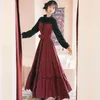 Vintage vermelho manta mulheres longas vestir primavera conjunto falso vestidos de manga completa tornozelo-comprimento da noite festa elegante vestidos 210603