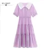 Mori Girl Candy Färg Sommar Kvinnor Midi Klänning Peter Pan Collar Purple Green Elegant Kortärmad Ruffles Tiered 210520