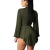 Armia Zielona Jesień Mini Dress Głębokie V Neck Lapuff Rękaw Kobiety Sexy Moda Bandaż Lace Up Nieregularne Plisowane Suknie Klubowe Vestidos 210507