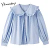 Yitimuceng Button Up Blouse Women Shirts Peter Pan Collar Long Sleeve Straight Solid Spring French Fashion Sweet Tops 210601