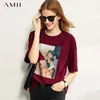 amii 라운드 넥 인쇄 코튼 짧은 소매 티셔츠 여성의 새로운 봄 여름 상위 1007 210317