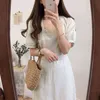 綿とリネンの夏のドレス韓国の堅実な半袖中長es女性ヴィンテージマキシVestidos 8943 50 210508