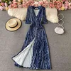 Sommarstil och elegans Maxi Vestidos Kvinnors V-Neck Lace-up Waist Split Print One-Piece Wrap Dress C655 210506