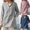 Kvinnor skjorta bomull linne v nacke blus solid ficka Shirts Casual 3/4 ärm höst lösa blusar kvinnliga tunika toppar 210721