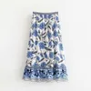 Bohemian Blue White Flor Impressão Frente Split Ruffles Hem Alto Cintura Assimétrica Swing Mulheres Envoltório Férias 210429