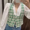 Eleganta kvinnor Woolen Vest Fashion Ladies Green Plaid Streetwear Kvinna Sweet Button Coat Vintage Girls Chic 210427