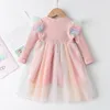 Girls Princess Dress Spring Long-sleeved Rainbow Mesh Stitching Birthday Party Children's 2-6Y 210515