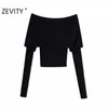 Zevity Women Sexy Slash Neck Solid Color Slim Knitting Sweater Femme Chic Basic Long Sleeve Casual Pullovers Brand Tops S477 210914