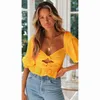 Kadın Bluz Gömlek Zogaa 2021 Yaz Seksi V Yaka Backless T-shirt Katı Fener Kollu Dantel Üst Tees