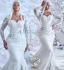 2022 плюс размер арабский арабский ASO EBI белый блестящий русалка свадебное платье кружева роскошные роскошные свадебные платья ZJ666
