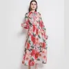 Primavera Chiffon Dress Mulheres Lanterna Sleeve Bowtie Collar Cintura Alta Floral Impressão Bohemia Plissada Mixi Vestido 210518