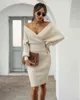 Winter Knitted 2 piece set women Deep v neck bat sleeve Sweaters open back two Pullover hip wool dress sets 210508