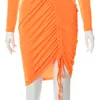 CNYISHE OUTONO FEMININO SAIR PEYTIDO MODA DARATRING RUCHED VESTIDOS FEMININO NEON LARANJA O-PESCOÇOマンガロンダ