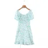 Spring Women Flower Print Chiffon Dress Kvinna Puff Sleeve Kläder Casual Slim Hollow Out Vestido 210430