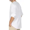 Men's White Linen Henley Shirts Long Sleeve Adjustable Sleeve Premium Cotton Shirt Lightweight Breathable Top Blouse Chemise 2XL 210522