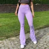 OMSJ tricoté bande côtelée femmes taille haute pantalon évasé violet Sexy mince pantalons longs basique solide décontracté pantalons de survêtement femme 210517