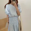 Korea Sommar Elegant Kvinnor 2 Piece Set Puff Short Sleeve Shirt Top + High Waist Long Kjol Suit 210519