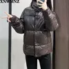 women Fashion faux leather puffer jacket ladies Vintage high neck Long sleeves Snap-button Parkas Female Chic Coats 210520