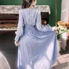 Vintage Blue Lace Maxi Robes Femme V-Col V-Col Soirée Robes Haute Taille Piste Plissée Longue Automne 210603