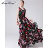 Modedesigner Runway Kleid Sommer Damen V-Ausschnitt Rose Blumendruck Rüschen Elastische Taille Urlaub Maxikleider 210524