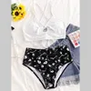 Casual Skull Printed Two Piece Bikini Set Halter Lace Up Swimsuit Cross Mujer Women Cut Out Push 210712