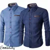 Mäns Casual Shirts Denim Shirt Solid Färg Långärmad Slim Fit Button Down Tops Male Luxury Formal Spring Fall