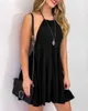 Sexy Women Summer Sleeveless Backless A-Line Dress Casual Halter Lace Up Slim Elastic Waist Pullover Black Mini Ladies 210526