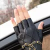 2Pcs Women's Genuine Leather Half Gloves with Metal Chain Skull Punk Motorcycle Biker Fingerless Glove Cool Touch Screen Gloves H1022