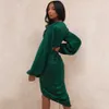 Ladies Green 2 Two-Piece Fashion Long-Sleeved Short Top And Pleated Skirt Sexy Tight Celebrity Party Suit 210527