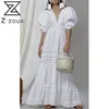 Women Dress Elegant White Lace es Deep V Neck Puff Sleeve Vintage High Waisted Hollow Out Maxi es 210513