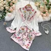 Zomer 2 stuk set vrouwen elegante bloemenprint flare mouw ruches blouse shirt mini-potlood rok pakken outfits 210603