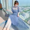 Modedesignerkleid Sommer Damenkleid Polka Dot Print Hohe Taille Blau Mesh Midi 210529