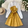 Women Casual Shirt Dress Spring Autumn Turn-down Collar Patchwork Button A-line Sweet Female Vestido 210430