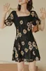 Vintage Floral Black Lace Dress Square Neck Short Sleeve A Line Summer Tunic Ladies Mini Women 210427