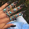 11Pcs/Set Bohemia Boho Retro Ring Set Vintage Turquoise Silver Color For Women Jewelry Wholesale Factoy Direct Wedding Gift Lady Wife Girfriend