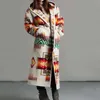 여자 우아한 기하학적 인쇄 후드 코트 패션 버튼 포켓 따뜻한 긴 카디건 mujer 가을 겨울 빈티지 오버 코트 트렌치 211019