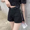 Summer Women Streetwear Wide Leg Zipper Black Denim Shorts décontractés Femme Vintage Color Couleur de poche Jeans 210430