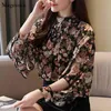 Stand Collar Loose Print Floral Chiffon Shirt Women Korean Plus Size Blouse Big Sleeves Casual Top Female Blusas 8281 210512