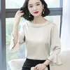 Koreanische Seide Frauen Blusen Hemd Satin Flare Hülse Bluse Tops Plus Größe Blusas Mujer De Moda 210531