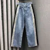 Personlaity Sequin Jeans Femme Printemps Taille Haute Mince Large Jambe Mode Droite Denim Pantalon Femelle 5B918 210427