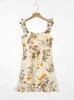 Franse stijl zomer vintage geel bruin bloemenprint vrouwen jurk chic tank mini vestidos slanke houtoren ruches sling jurken 210429