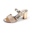 Slippers Summer Ladies Shoes Women Sandals Rhinestone Peep Toe Square High Heels Slides Crystal Sliver Gold Casual